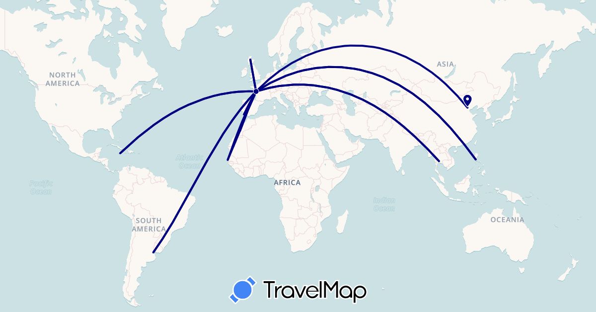 TravelMap itinerary: driving in Argentina, China, France, United Kingdom, Jamaica, Morocco, Philippines, Portugal, Senegal, Thailand (Africa, Asia, Europe, North America, South America)